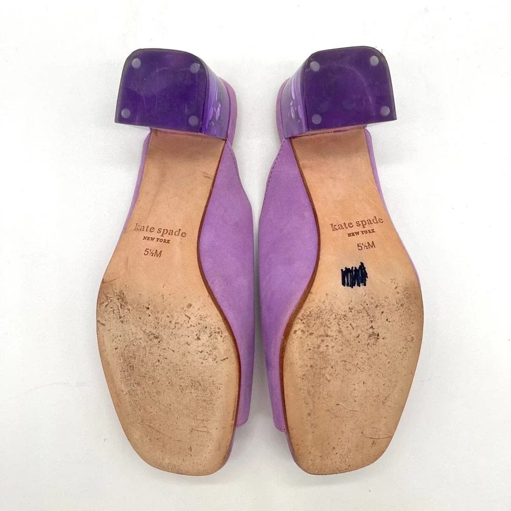 Kate Spade Mules Women 5.5 Purple Suede Lucite Block Heel Crystal Detail